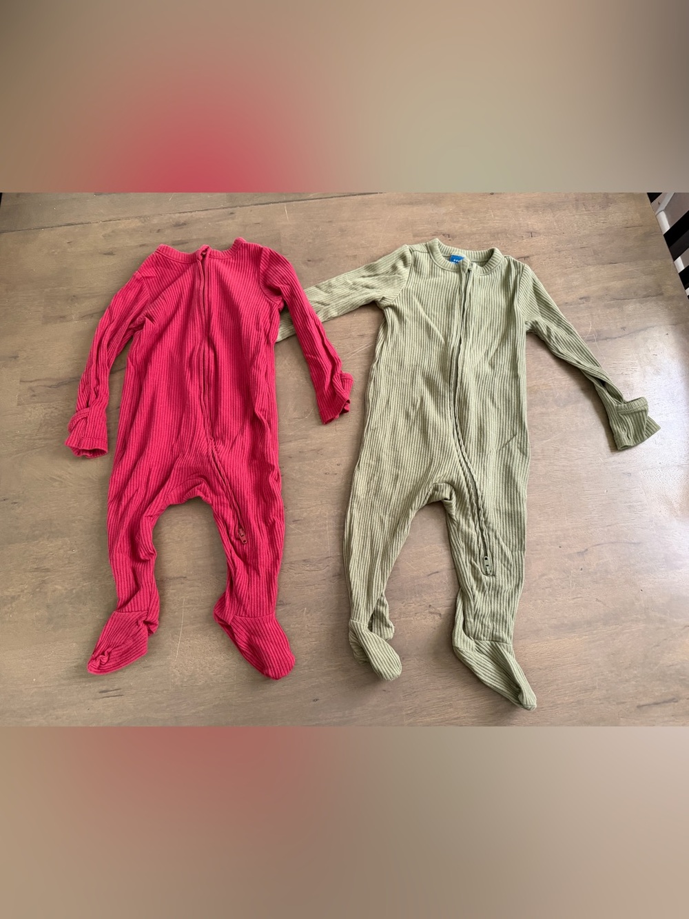 2pc Kids Ribbed Footed One-Piece Sleepers - Red and Olive 2 Way Zipper 6-9M